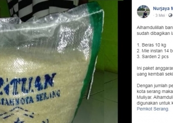 Tangkapan layar status akun Facebook milik Nurjaya MataKita mengenai kritikan tentang nilai barang pada JPS Kota Serang yang dianggap tidak sesuai. (Diakses pada 3 Mei 2020)