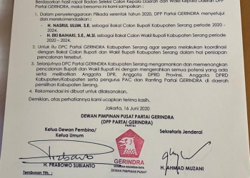 Surat rekomendasi DPP Gerindra untuk pasangan bakal calon Bupati dan Wakil Bupati Serang, Ulum-Eki. (Istimewa)