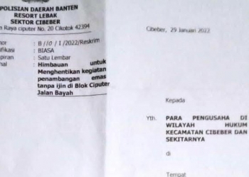 Berkas surat imbauan penghentian kegiatan praktik PETI di Blok Ciputer Kecamatan Cibeber.