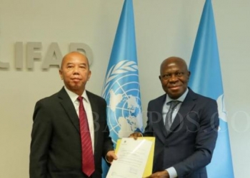 Dubes Muhammad Prakosa bersama Presiden International Fund for Agricultural Development, Gilbert Fossoun Houngbo di Markas besar IFAD, Roma, Italia. (Foto KBRI Roma)