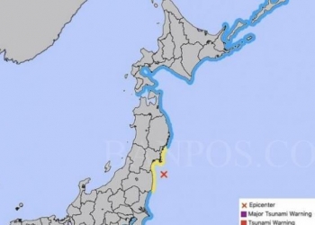 Peta lokasi gempa di prefektur Miyagi dan Fukushima Jepang, Rabu (16/3) malam. (Foto: Japan Times)