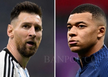 Foto kombinasi Lionel Messi dan Kylian Mbappe menjelang final Piala Dunia 2022 antara Argentina dan Prancis pada 18 Desember 2022.(AFP/JUAN MABROMATA)