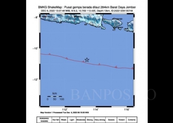 Gempa magnitudo 6,2 berlokasi di 284 km barat daya Jember, Jawa Timur pada Selasa (6/12/2022). (FOTO ANTARA/HO-BMKG)