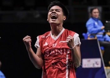 Syabda Perkasa Belawa saat bela Tim Bulu Tangkis Indonesia di Piala Thomas 2022.