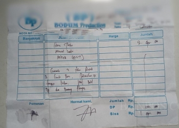 Kwitansi pembelian barang elektronik dari oknum sales meresahkan di Pasar Ciruas.