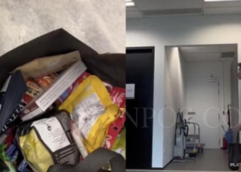 Larry Lee (kanan), dan tas hitam yang berisi cemilan yang diambil dari kantornya (kiri). (Foto Tangkapan Layar/TikTok @Sotravel.me)