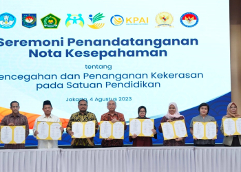 Penandatanganan Nota Kesepahaman 5 Kementerian dan 3 Lembaga tentang Pencegahan dan Penanganan Kekerasan di Lingkungan Satuan Pendidikan (4/8/2023).