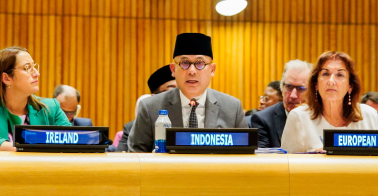 Wakil Menteri Luar Negeri Indonesia Arrmanatha Nasir dalam Konferensi Tingkat Tinggi Internasional mengenai Implementasi Solusi Dua Negara (Two-State Solution) yang diselenggarakan Prancis dan Arab Saudi, di Markas besar PBB di New York, Amerika Serikat (AS), Selasa (29/7/2025).