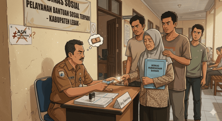 Ilustrasi praktik pungli yang dilakukan oleh oknum ASN Dinsos Kabupaten Lebak terkai proses perubahan data DTKS/Aset BANTEN POS/Ilustrasi dibuat dengan menggunakan Akal Imitasi (AI) Google Gemini